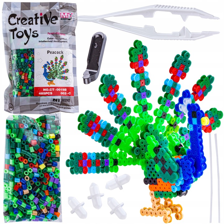 Set margele de calcat 3D - Paun colorat, Joc creativ DIY pentru copii, 485 piese