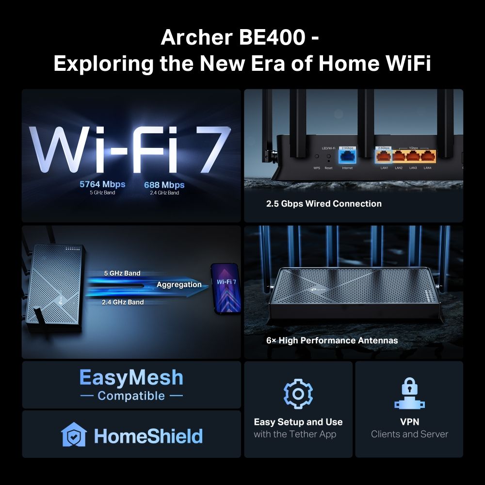 Router Wi-Fi 7 TP-Link Archer BE400, Dual-Band, 2,4GHz 688Mbps