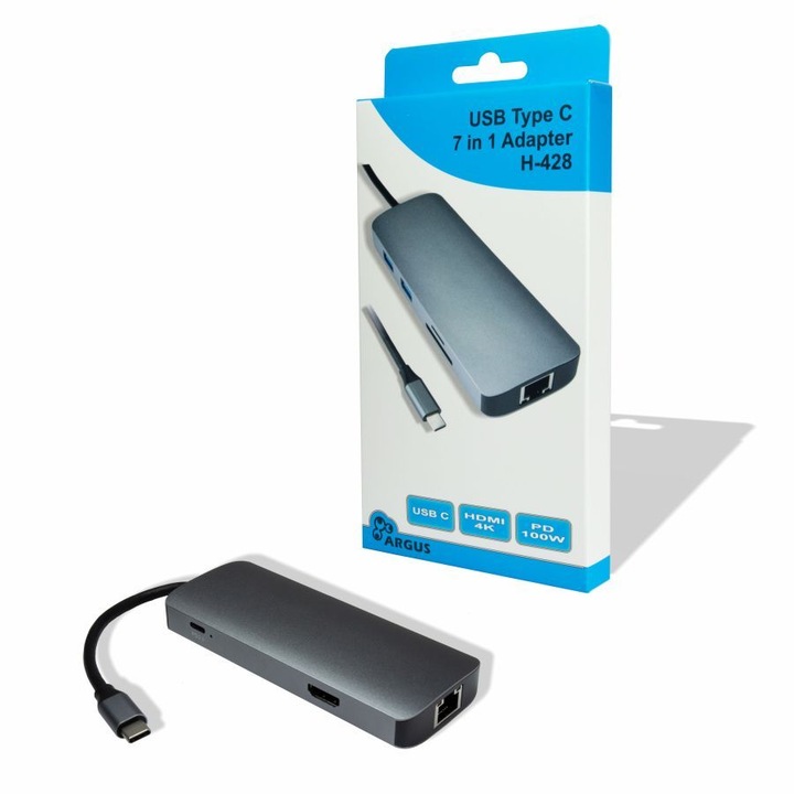 Inter-Tech H-428 7in1 USB Type C hub, USB-C, 2xUSB-A, HDMI, VGA, kártyaolvasó