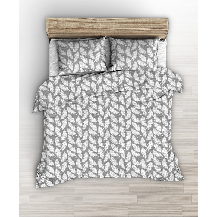 Set lenjerie de pat, 160x200cm, gri cu alb, 100% bumbac, fara calcare