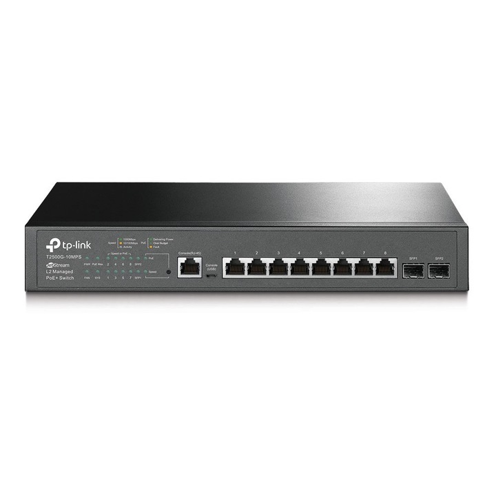 TP-Link T2500G-10MPS JetStream 8-Portos, 2 SFP port Gigabit PoE+ L2 Menedzselhető switch
