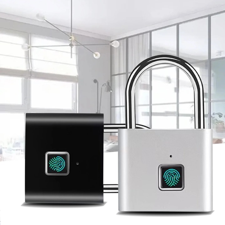 Ключалка с пръстов отпечатък, метална, USB акумулаторна, черна, 7.6x4.6x1.3cm, комплект от 1 бр.