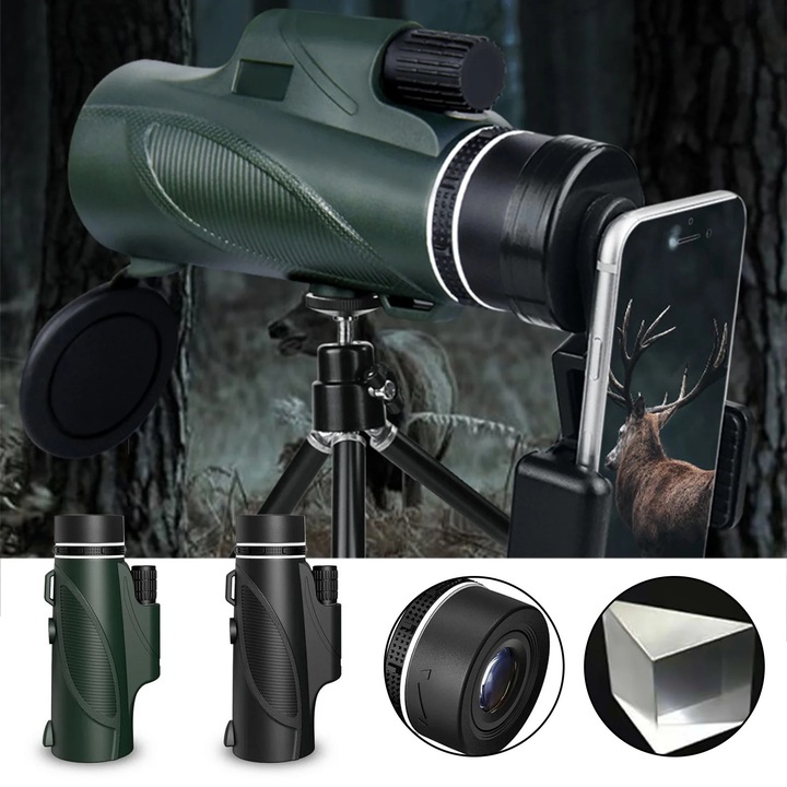 Монокъл телескоп 10x50, черно-зелен, 14.8x7.9cm, с поставка за мобилен телефон