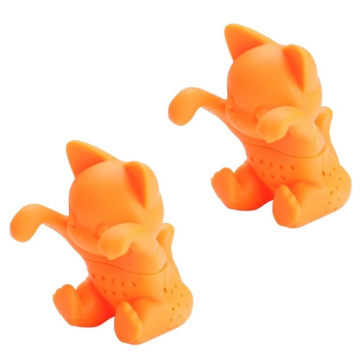 Силиконова запарка за чай във формата на котка, комплект 2 бр., оранжева, 7x4x5.5cm