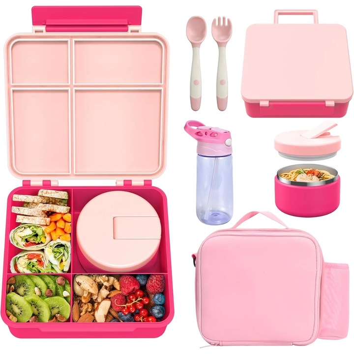 Детска кутия за обяд, 4 отделения, термос за супа от 8 унции, бутилка вода, розова, комплект ученически чанти