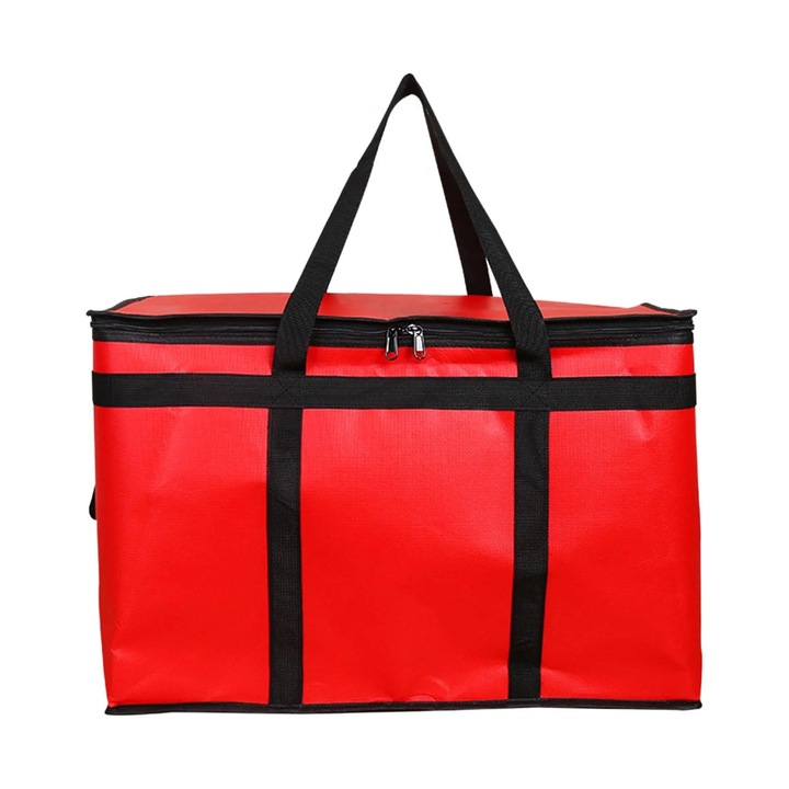 Червена термоизолирана чанта за доставка, 58x38x35 см, идеална за транспортиране на топла и студена храна, практичен комплект за пикник и пътуване.