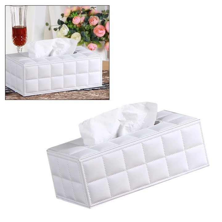 Cutie servetele, Piele ecologica, Alba, 25x13.5x9.5cm, design elegant
