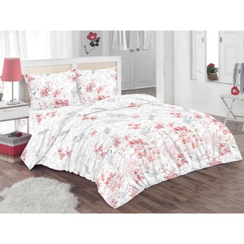 Set lenjerie de pat (cearsaf + husa pilota + 2 huse perne) pentru pat de dimensiuni 160x200 cm, 132TC, 100% bumbac, imprimeu floral, alb/gri/roz Set lenjerie de pat (cearsaf + husa pilota + 2 huse perne) pentru pat de dimensiuni 160x200 cm, 132TC, 100% bumbac, imprimeu floral, alb/gri/roz