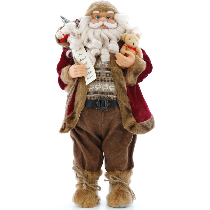 Figurina Mos Craciun Kring, cu ursulet si sac de cadouri, 80 cm, Maro/Rosu