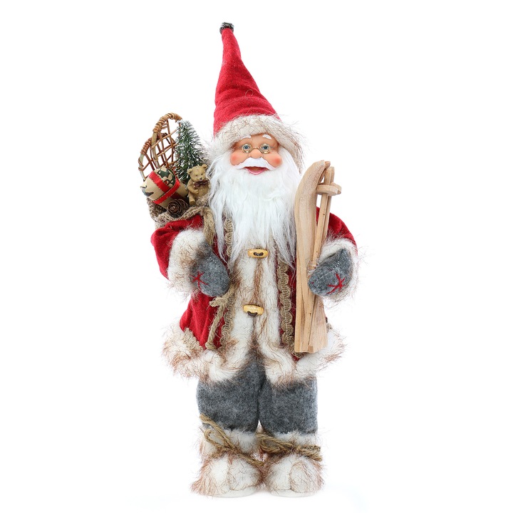 Figurina Mos Craciun, Kring, 30 cm, cu schiuri si sac de cadouri, Rosu/Gri