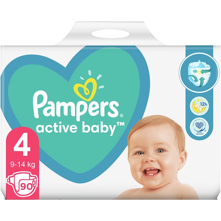 Scutece Pampers Active Baby Giant Pack+, Marimea 4, 9 -14 kg, 90 buc
