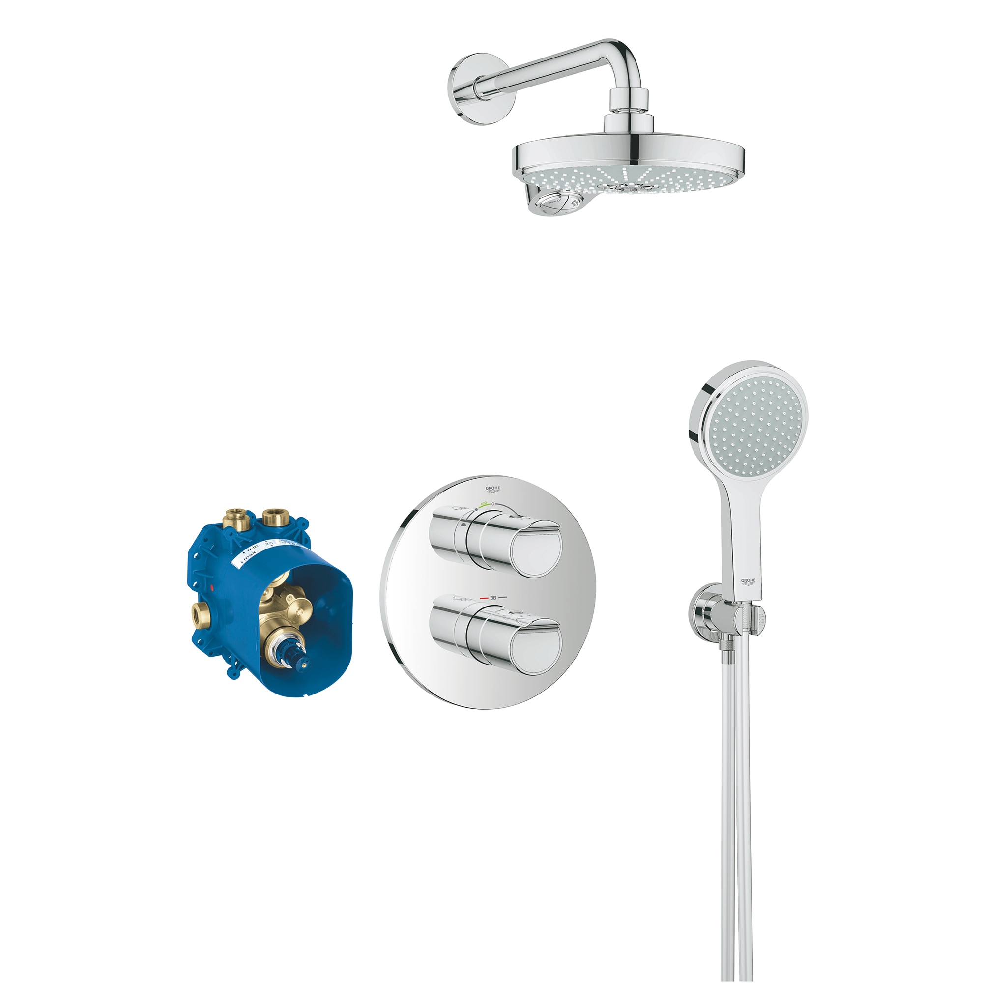 Sistem de dus cu termostat Grohe Grohtherm 2000 Power&Soul 190, incastrat, 2 functii, para dus inclusa, anti-calcar, crom