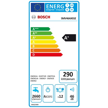 Masina de spalat vase incorporabila Bosch SMV46AX01E, 12 seturi, 6 programe, Clasa A+, Silence Plus, Info Light, 60 cm