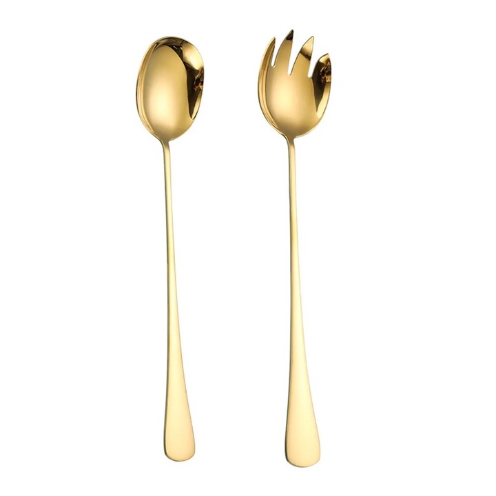 Set tacamuri din inox, lingura de servire si furculita pentru salata, aurie, 28x5.5x1cm, pentru 4 persoane