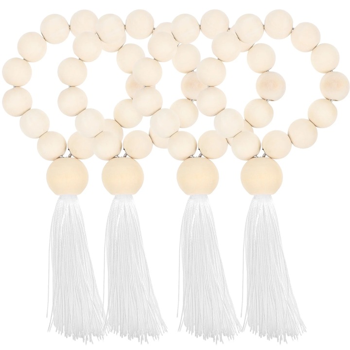 Комплект от 4 дървени салфетници с мъниста, рустик дизайн, 15x7x1см