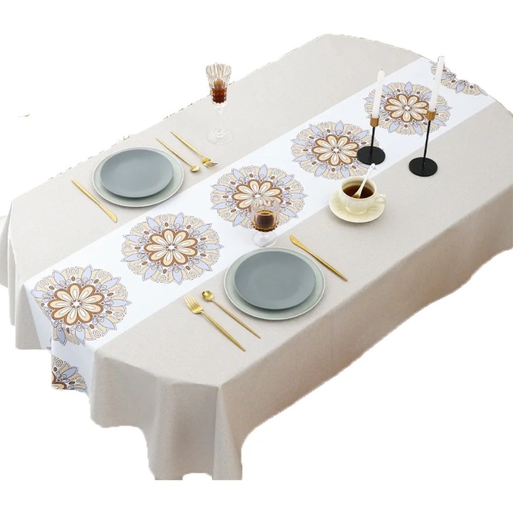 Овална покривка с пъстри цветя 140х180см, кремаво бяла, наличен комплект