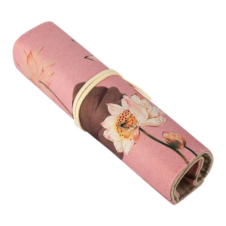 Ретро китайски моливник, голям капацитет, семпъл дизайн, щампа на водна лилия, ленен материал, 1 комплект