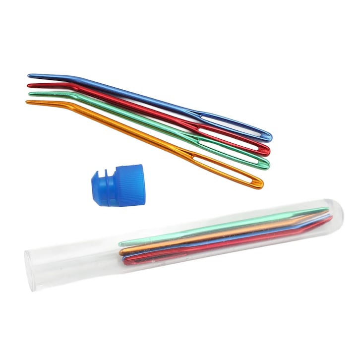 Комплект от 8 куки за плетене на една кука с извити връхчета, дизайн с големи очи, алуминий, лек, включва бутилка със синя игла