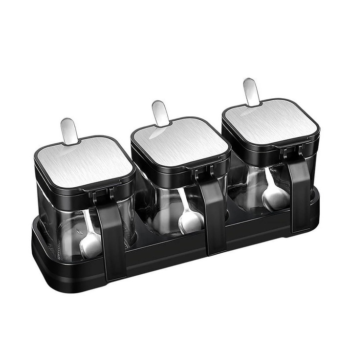 Комплект бурканчета за подправки, прозрачно стъкло, капак от неръждаема стомана, за сол, захар, 10x10x15см