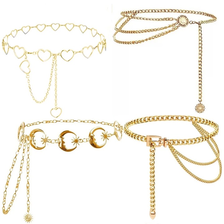 Комплект от 4 броя метални колани за кръста, златист и сребрист, 105см