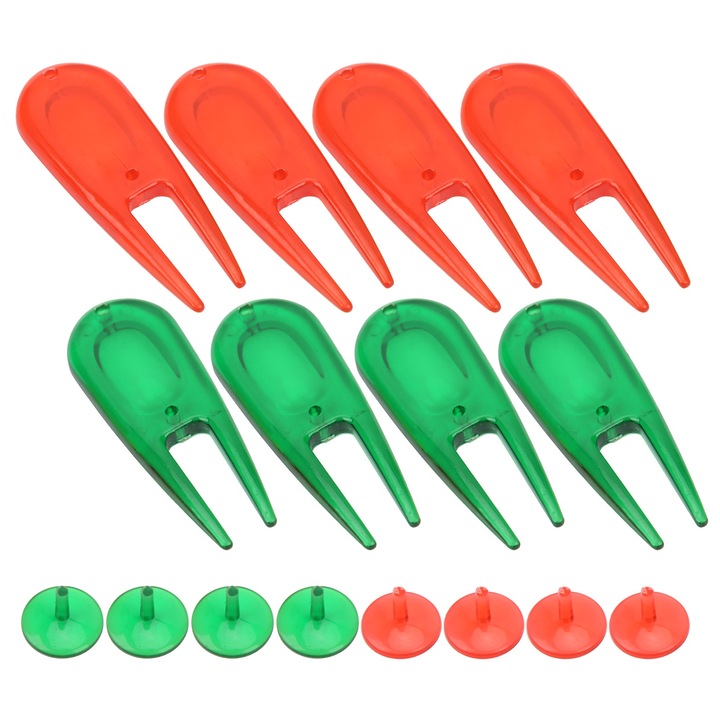 Set 8 unelte divot golf si marcatoare de minge, Enforose, rosu si verde, 7x1.6cm, 1.7x1.3cm