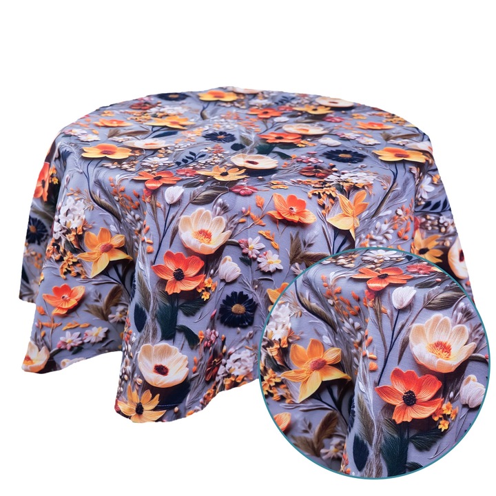 Kerek terítő, Világosszürke, Virágmintás, Többszínű, Teflon bevonatú pamut, Bosfor Decor, Mérete 120 cm