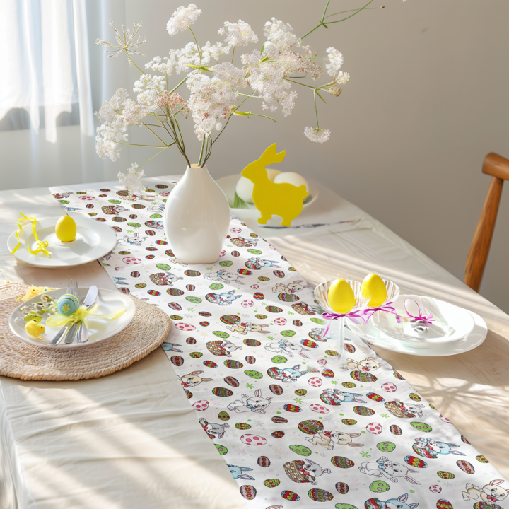 Húsvéti témájú asztali futószalag 180x40 cm, vízálló pamutból, 3D nyomtatott napronból, Salestore.ro®, folt- és szennyeződésálló
