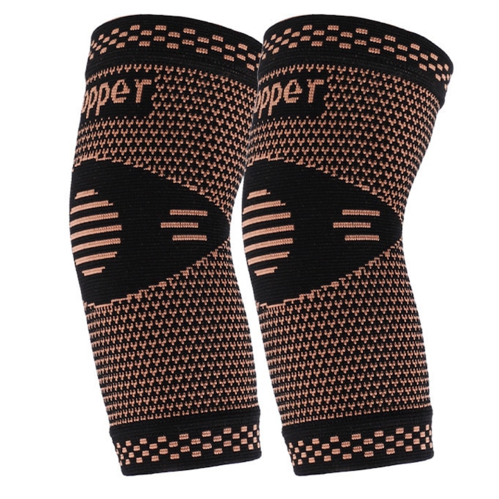 Set 2 cotiere compresive cu fir de cupru, marime L, Negru/Beige, unisex, sport, protejeaza muschii bratelor, reduce durerea
