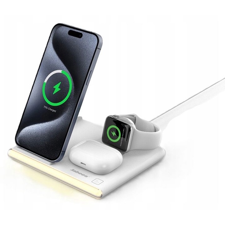 Jabees PowerGlow 4 az 1-ben QI töltő telefonhoz, okosórához, fülhallgatóhoz, LED lámpához / fehér