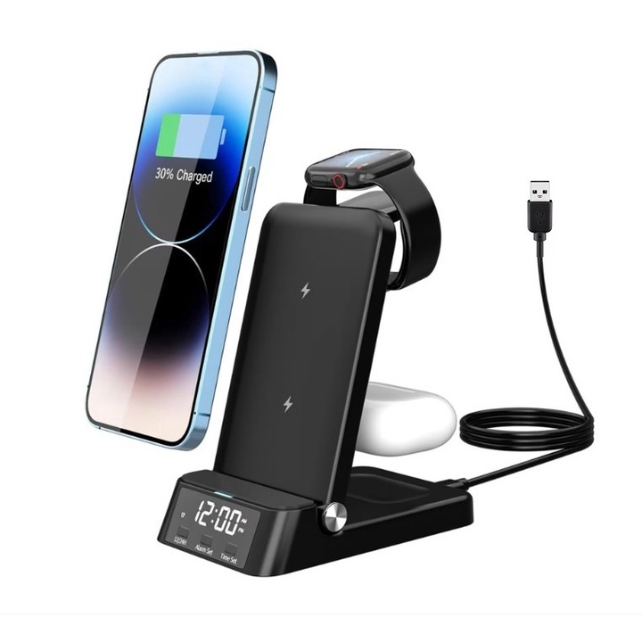Incarcator Wireless, Statie Incarcare 4 In 1, Fast Charger 25W, Incarcare Rapida, Ceas Alarma, Compatibil Cu Apple Watch Seriile 2-7, Airpods 2-3PRO, Smartphone Apple Android Samsung Huawei Xiaomi, Negru