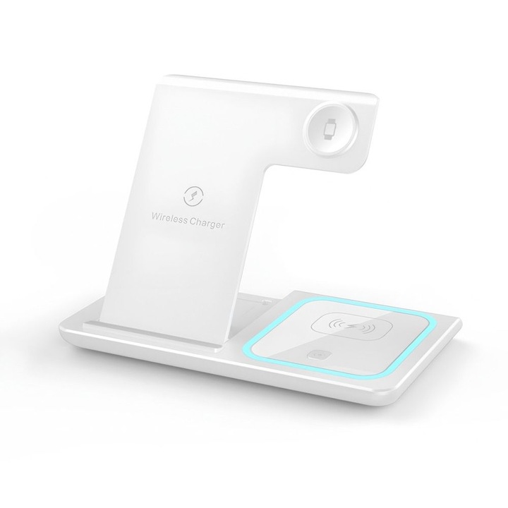 Incarcator Wireless 3 in 1 Pliabil 15W pentru Telefon, Ceas si Casti – Incarcare Rapida Verticala si Orizontala, Compatibil cu Majoritatea Dispozitivelor, lumina ambientala, Alb