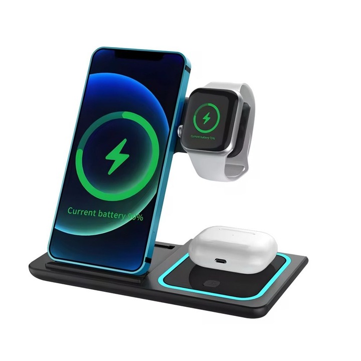 Incarcator Wireless 3 in 1 Pliabil 15W pentru Telefon, Ceas si Casti – Incarcare Rapida Verticala si Orizontala, Compatibil cu Majoritatea Dispozitivelor, lumina ambientala, Negru