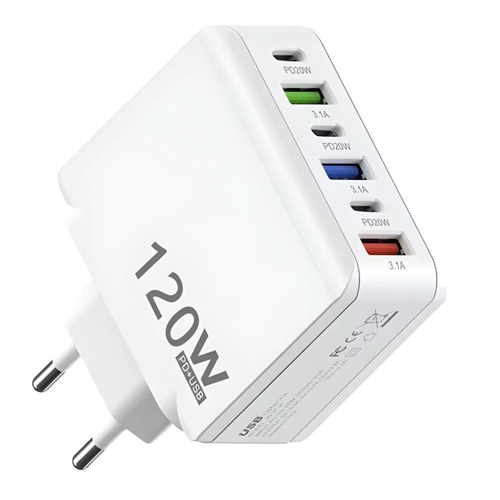 Incarcator Rapid 120W cu 6 USB-uri – Incarcare Simultana a 6 Dispozitive si Tehnologie Avansata de Control al Temperaturii pentru Siguranta si Performanta Optimizata, Alb
