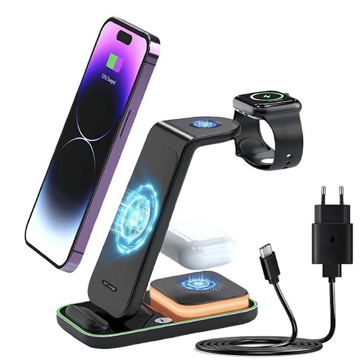 Incarcator Wireless Zennic® IO, Statie de Incarcare 3 in 1, Functie Incarcare rapida 15W, Compatibilitate Universala cu Apple, Samsung, Xiaomi, Huawei, Airpods, Apple Watch, etc, Negru, Adaptor Quick Charge Incluss