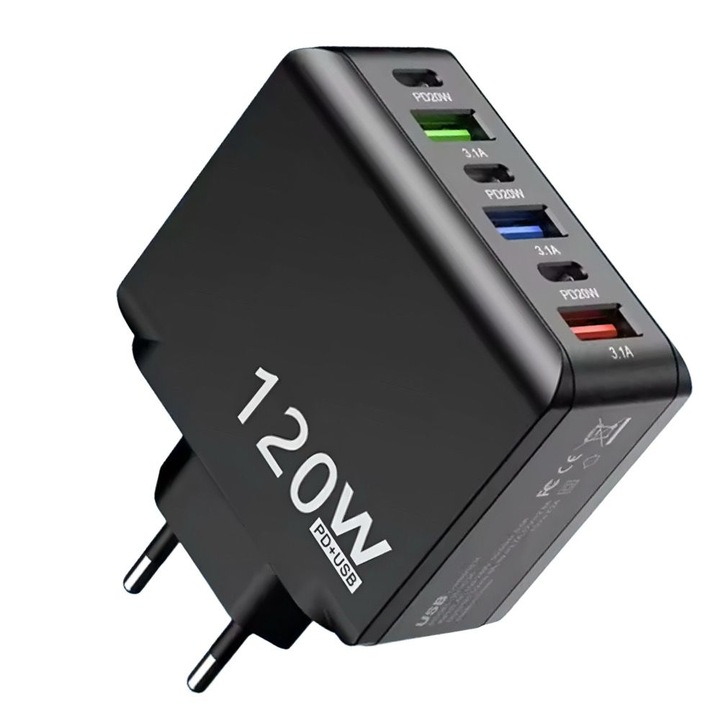 Incarcator Rapid 120W cu 6 USB-uri – Incarcare Simultana a 6 Dispozitive si Tehnologie Avansata de Control al Temperaturii pentru Siguranta si Performanta Optimizata.Negru