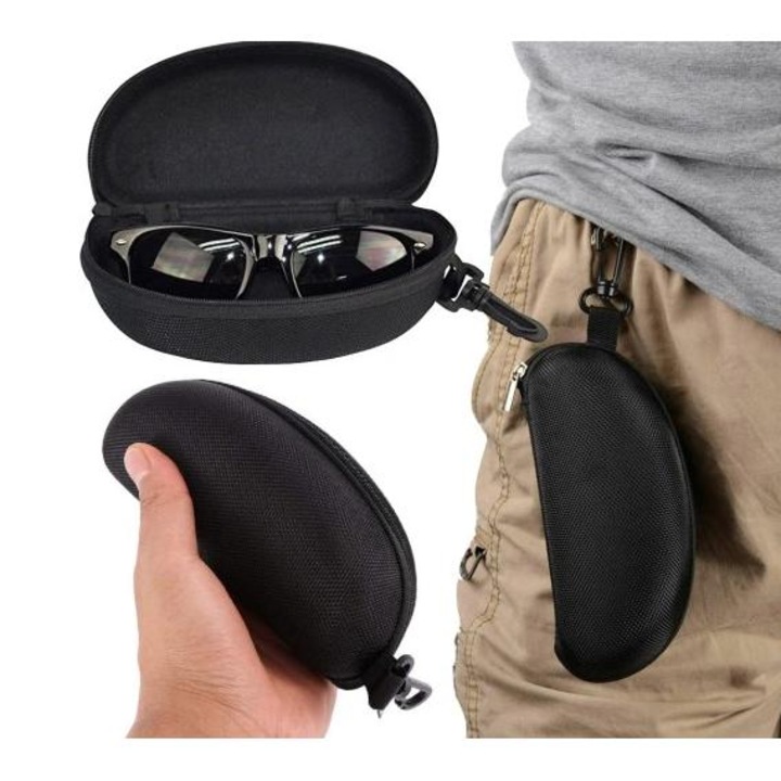 Etui Pentru Ochelari, Plastic, Negru, Constructie Rigida, Captuseala Moale, Fermoar, Maner Pentru Agatat, Dimensiuni: 17 Cm X 8, 5 Cm