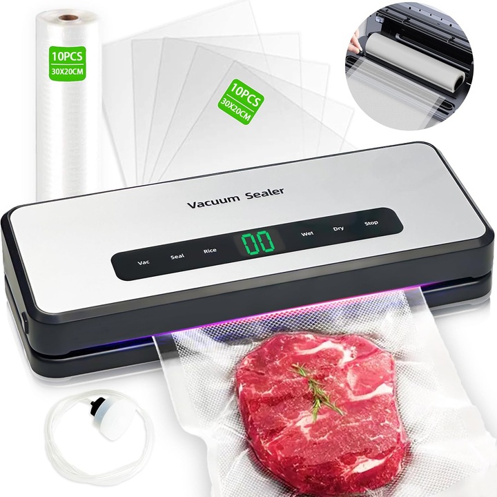 Aparat de vidat si sigilat, 120W, 90kpa, 6 functii vidare umed/uscata/soft, panou de comanda tactil, Furtun si 10 Pungi Incluse (30x20 cm), 30 cm bara de lipire, Cutter Incorporat, Functie de Sigilare si Vidare Automata, Vidare in 10 Secunde, Gri