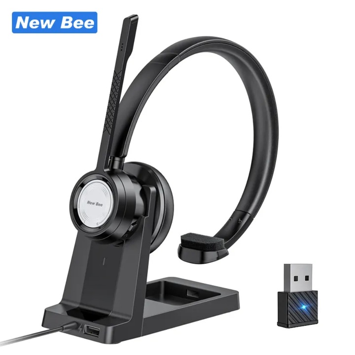 Casca Call Center Wireless New Bee BH60P, Anulare zgomot ENC + DSP, Autonomie baterie 24 ore, Bluetooth 5.0, Cip Qualcomm 3020, Cu suport de incarcare, Multipoint, Compatibila cu Telefoane Android Ios si Calculatoare, Conectare Bluetooth si USB Dongle