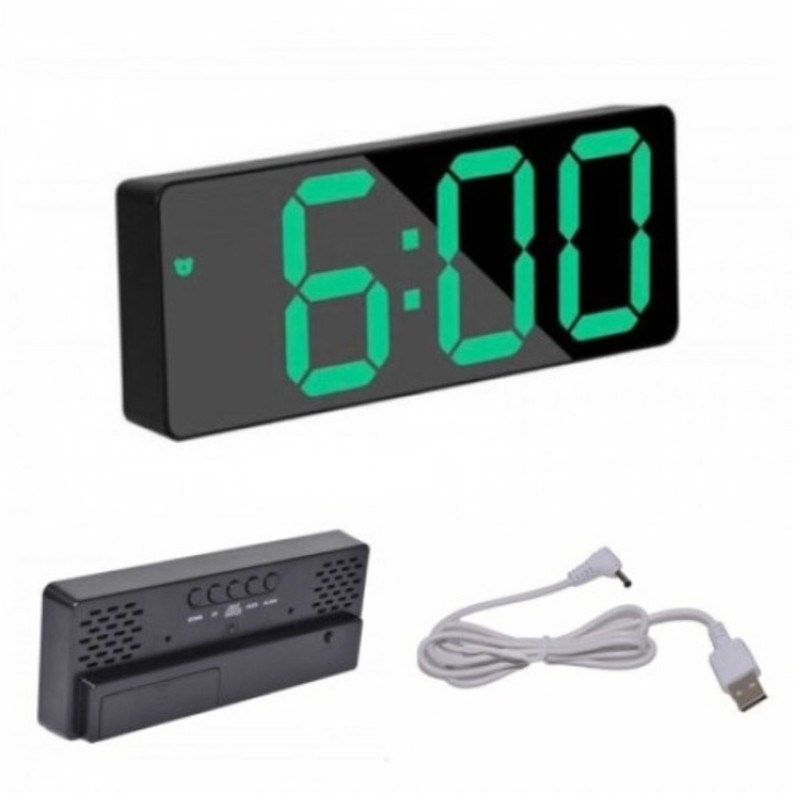 Ceas de birou, afisaj pentru temperatura, alarma, alimentare USB, LED verde