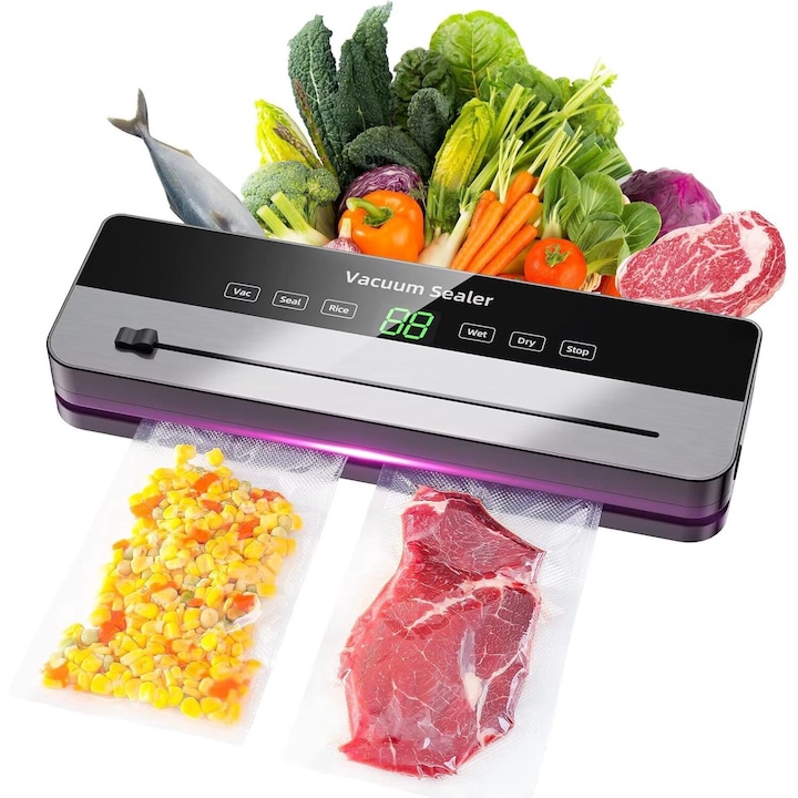 Aparat de vidat si sigilat, 6 functii vidare umed/uscata/soft, Panou comanda Touch, 30 cm bara de lipire, Cutter Incorporat, 120W, 65Kpa, Furtun si 10 Pungi Incluse (30x20 cm), Functie de Sigilare si Vidare Automata, Gri