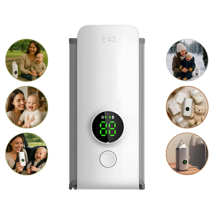 Incalzitor Portabil De Biberoane, Ecran Digital, 6 Niveluri De Temperatura (37-55°C), Reincarcabil USB-C, Termostat Automat, Autonomie Extinsa, Baterie 6000mAh Materiale Rezistente La Temperaturi Ridicate, Ideal Pentru Calatorii, Plimbari Si Masina, Alb