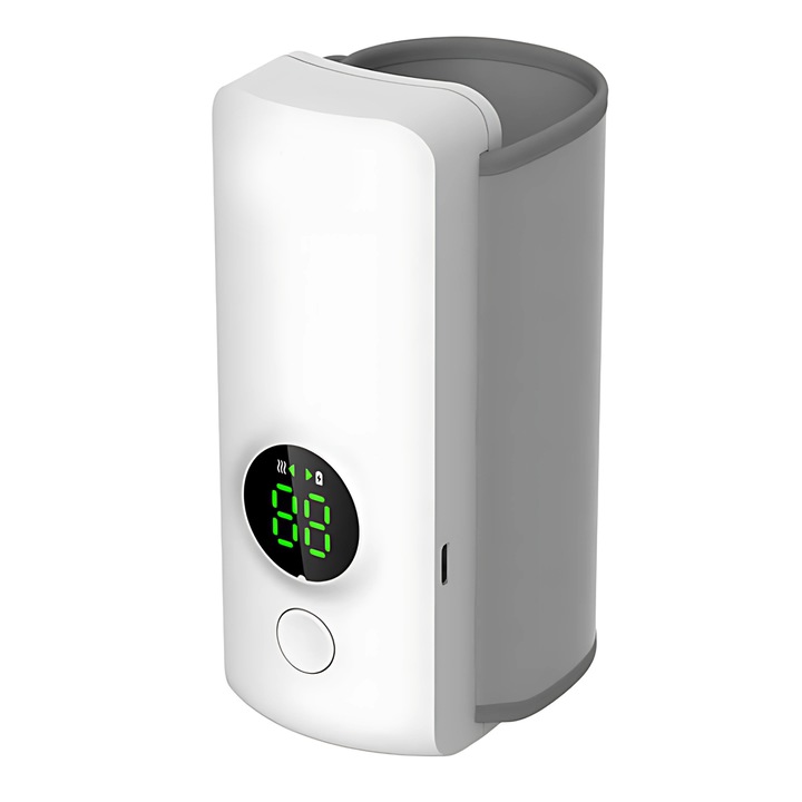 Преносим нагревател за бутилки, цифров дисплей, 18 W, 1 л, презареждаем USB Type-C, 6000 mAh батерия, автоматичен термостат, 6 температурни нива, разширена автономност, бял