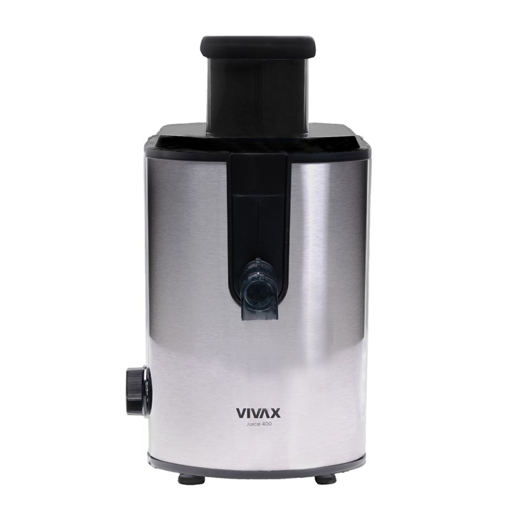 Сокоизстисквачка за плодове и зеленчуци, VIVAX AJ-400, мощност 400 W, диаметър на тръбата 6,5 см, контейнери за сок и каша, неръждаема стомана, сребро