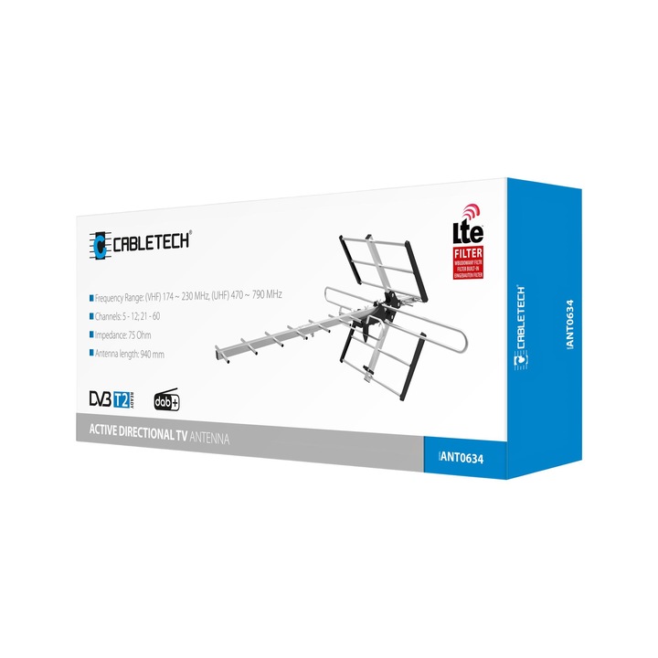 Antena TV directionala activa tip Yagi, Cabletech, 16 elemente, 20 dB VHF, 25 dB UHF, 94 cm