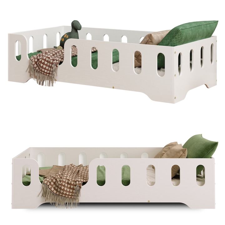 Pat copii 200x120 cm din lemn de pin alb, cu balustrada de siguranta, somiera cu lamele pana la 300 kg, margini rotunjite, structura solida, stil scandinav, montaj usor – Pat Montessori TILA 2L pentru baieti si fete – Smartwood