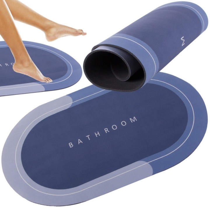 Covor de baie oval Robyan’s, Antiderapant, Absorbant, Uscare Rapida, Microfibra, 58 x 38 cm, nuante de albastru si mov