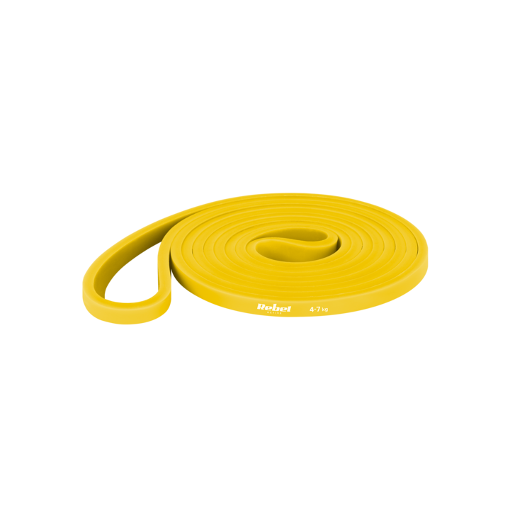 Elasztikus edzőszalag, Power Band PL-1, 4-7 kg, sárga, 208x6,4x4,5 cm
