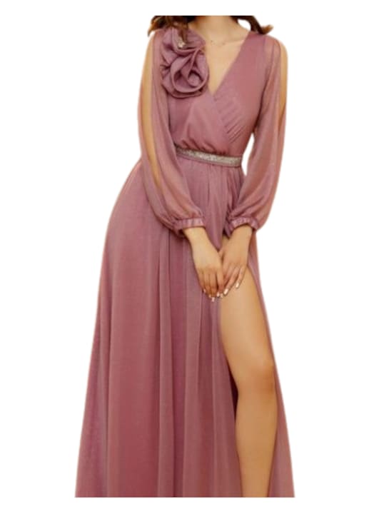 Rochie eleganta lunga accesorizata cu floare strass pe umar Giulia 3 -lila 40