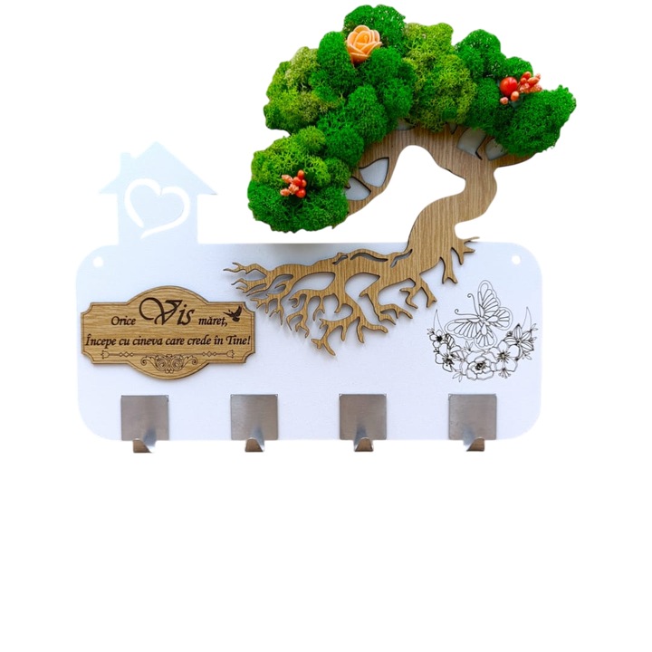 Cuier pentru perete, cadou personalizat decorat cu licheni si mesaj standard personalizat "Un vis maret incepe cu...", dimensiune 38x28cm, alb