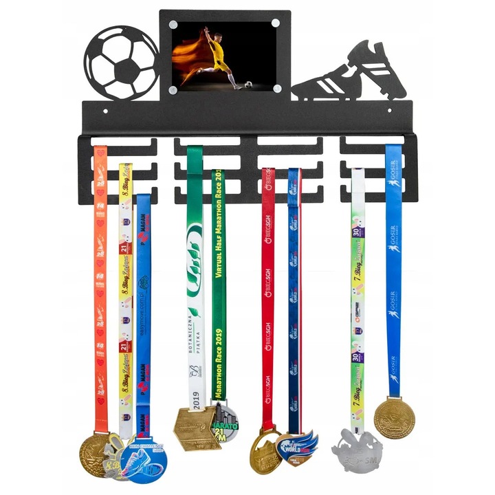 Suport Pentru Medalii, Metalic, 40 Cm, Negru Mat, Cu Model De Minge Si Ghete, 12 Carlige, Capacitate 30 kg, Pentru Camera Sportivului, Club Sportiv, Posibilitate De Personalizare